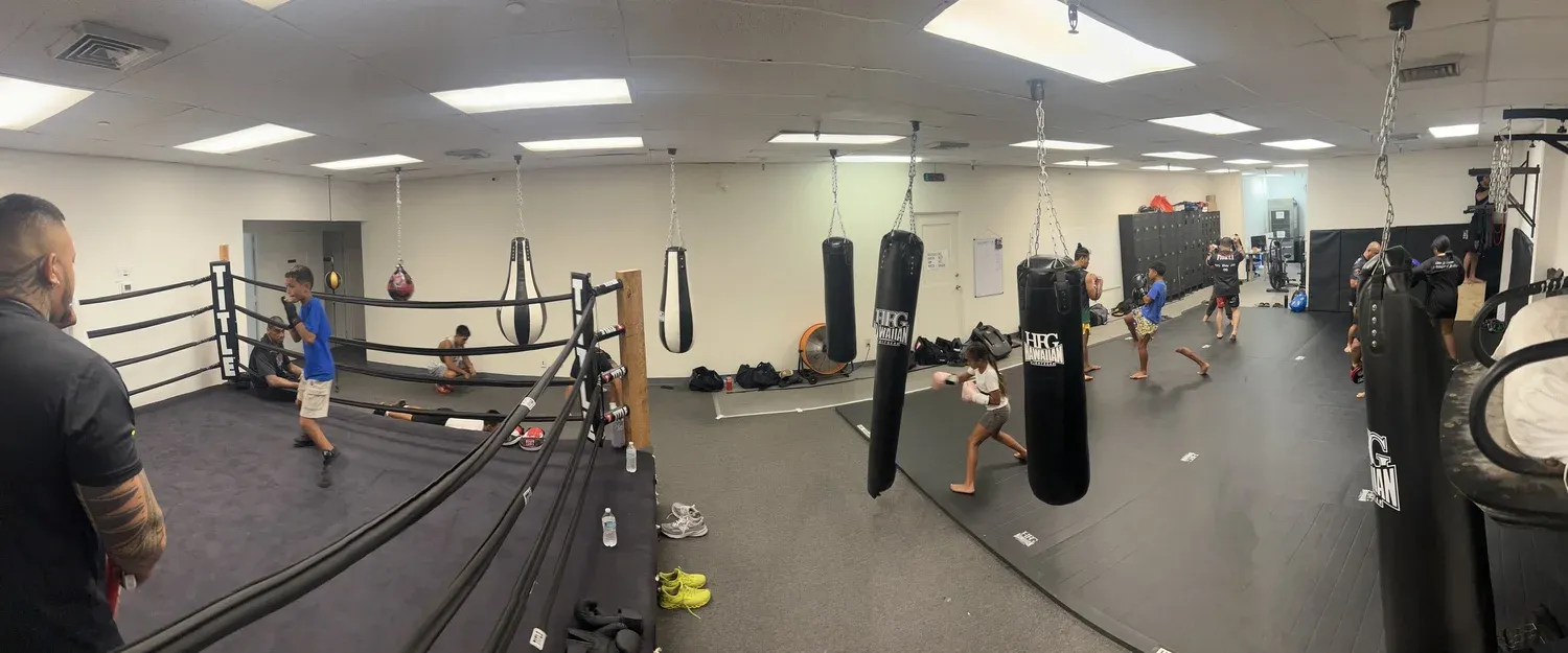 Panoramic view of the Iron Kingz gym, ring, and bag area