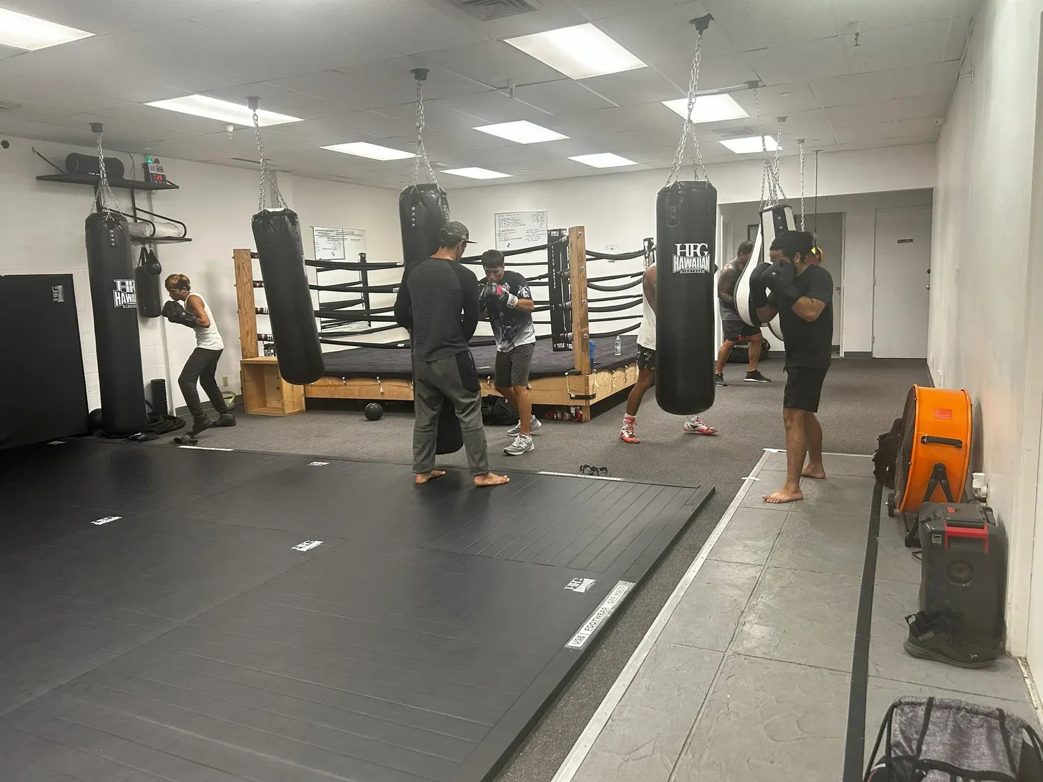 Wide view of the Iron Kingz gym floor, heavy bags, and boxing ring