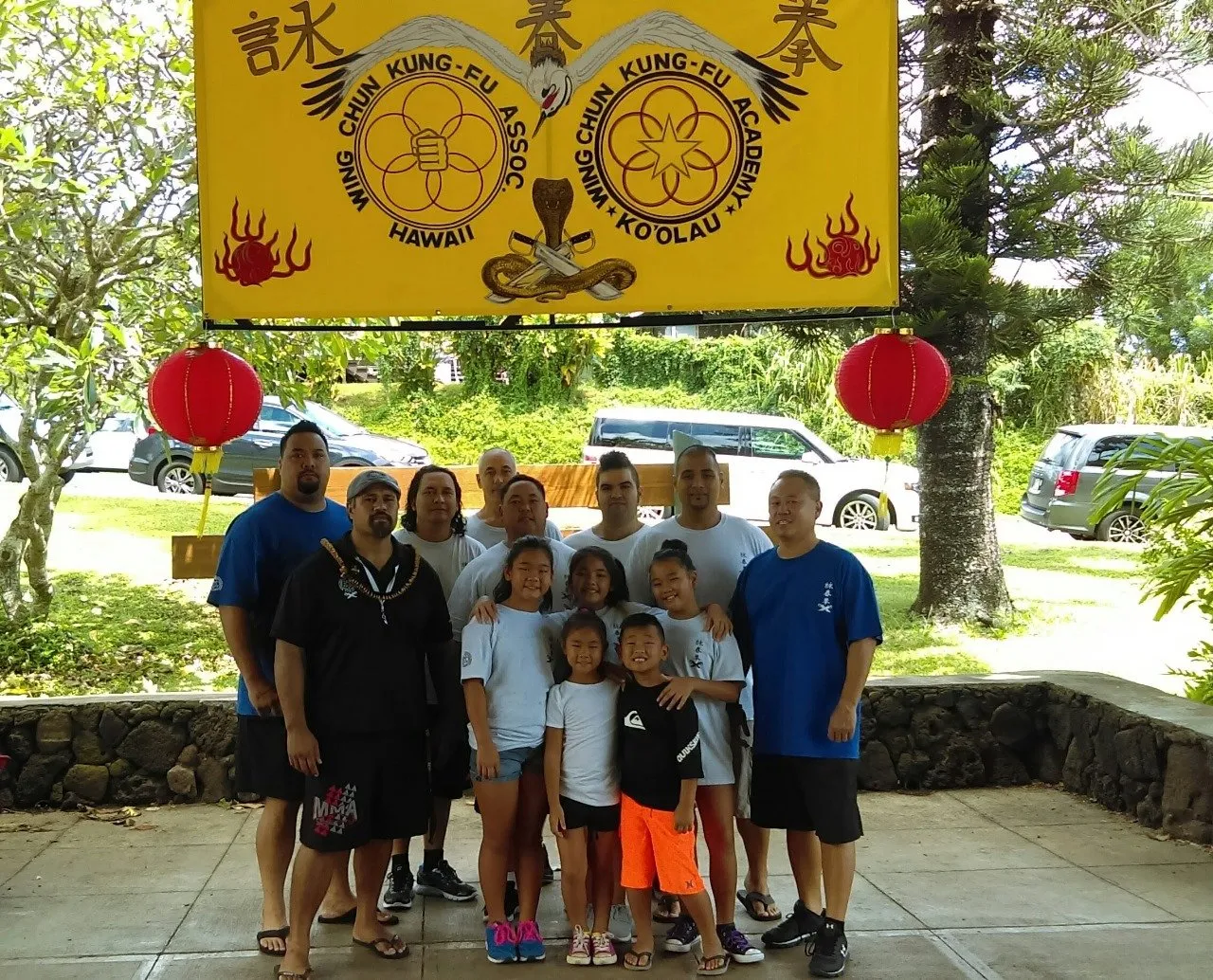 Wing Chun Hawaii group photo under the Koolau Wing Chun banner